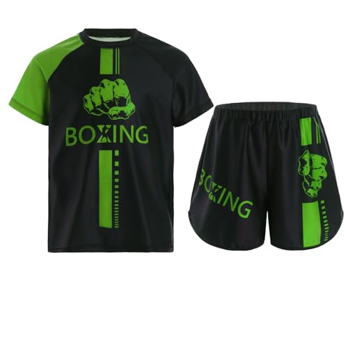 Alvivi Kinder Jungen Boxing Kleidung Trainingsanzug MMA Boxing Shorts + T-Shirt Kampfsport Kickboxing Muay Thai Kleidung Set A Grün 122-128 von Alvivi