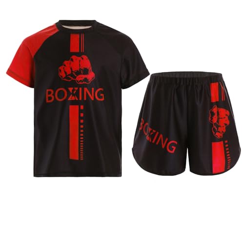 Alvivi Kinder Jungen Boxing Kleidung Trainingsanzug MMA Boxing Shorts + T-Shirt Kampfsport Kickboxing Muay Thai Kleidung Set A Rot 146-152 von Alvivi