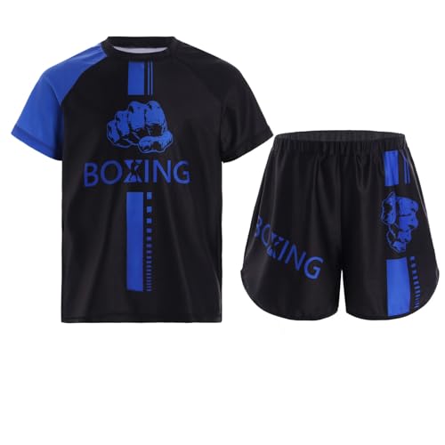 Alvivi Kinder Jungen Boxing Kleidung Trainingsanzug MMA Boxing Shorts + T-Shirt Kampfsport Kickboxing Muay Thai Kleidung Set A Blau 134-140 von Alvivi