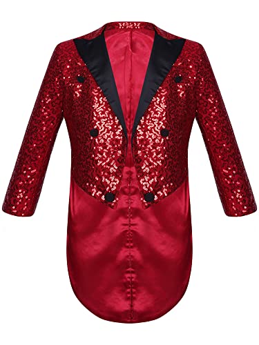 Alvivi Kinder Jungen Jacke Pailletten Frack Jacke Festlich Hochzeit Smoking Anzug Blazer Mantel Karneval Fasching Mottoparty Weinrot 122-128 von Alvivi