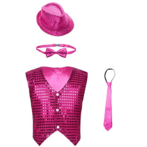 Alvivi Kinder Jungen Mädchen Pailletten Weste Anzug Jacke mit Hut Fliege Krawatte Performance Disco Jazz Hip Hop Tanzkleidung C Dunkel Rosa 122-128 von Alvivi