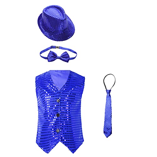 Alvivi Kinder Jungen Mädchen Pailletten Weste Anzug Jacke mit Hut Fliege Krawatte Performance Disco Jazz Hip Hop Tanzkleidung D Blau 158-164 von Alvivi