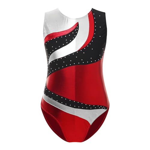 Alvivi Kinder Mädchen Ballettanzug Glitzer Turnanzug Ärmellos Gymnastikanzug Ballett Trikot Leotard Gymnastik Turnbody Wettkampf Tanzkleidung G Rot 140 von Alvivi