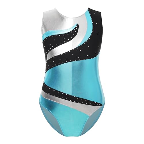 Alvivi Kinder Mädchen Ballettanzug Glitzer Turnanzug Ärmellos Gymnastikanzug Ballett Trikot Leotard Gymnastik Turnbody Wettkampf Tanzkleidung G Blau 140 von Alvivi