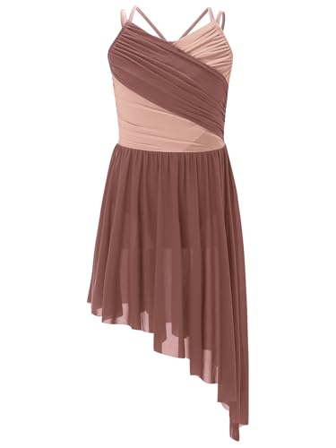 Alvivi Kinder Mädchen Ballettkleid Lyrisch Tanzkleid mit Asymmetrisch Rock Ärmellos Ballettanzug Ballett Trikot Leotard Jazz Modern Dance Contemporary Tanzkostüm Altrosa 134-140 von Alvivi