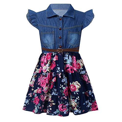 Alvivi Kinder Mädchen Denim Kleid Sommer Kleid Blumen Druck Freizeitkleider mit Flatterärmel Gürtel Jeanskleid Partykleid Gr.80-176 Marine Blau 122-128 von Alvivi