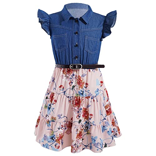 Alvivi Kinder Mädchen Denim Kleid Sommer Kleid Blumen Druck Freizeitkleider mit Flatterärmel Gürtel Jeanskleid Partykleid Gr.80-176 Rosa 110-116 von Alvivi