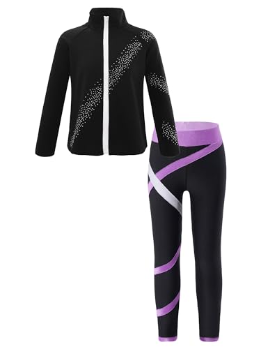 Alvivi Kinder Mädchen Eiskunstlauf Anzug Glitzer Strass Langarm Sweatjacke Sweatshirt + Hose Sport Leggings Eislaufen Tanz Yoga Trainingsanzug E Lila 146-152 von Alvivi