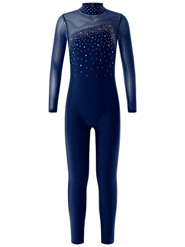 Alvivi Kinder Mädchen Eiskunstlauf Body mit Strass Turnanzug Gymnastikanzug Langarm Ballettanzug Tanzbody Fitness Sport Training Wettkampf Aa Marine Blau 146-152 von Alvivi