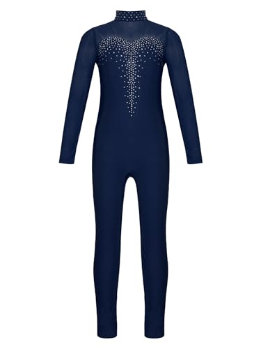 Alvivi Kinder Mädchen Eiskunstlauf Body mit Strass Turnanzug Gymnastikanzug Langarm Ballettanzug Tanzbody Fitness Sport Training Wettkampf G Marine Blau 170-176 von Alvivi