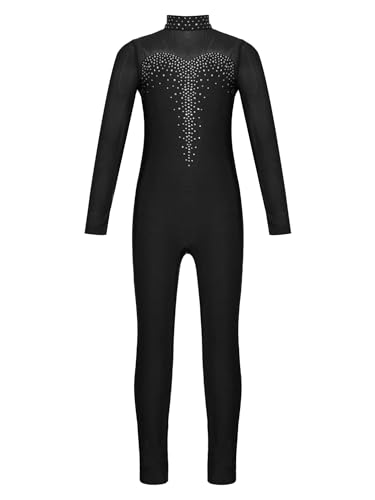 Alvivi Kinder Mädchen Eiskunstlauf Body mit Strass Turnanzug Gymnastikanzug Langarm Ballettanzug Tanzbody Fitness Sport Training Wettkampf G Schwarz 146-152 von Alvivi