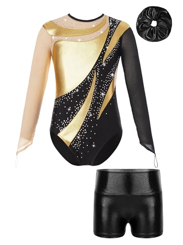 Alvivi Kinder Mädchen Gymnastikanzug Turnanzug Langarm Glitzer Gymnastikbody mit Kurze Hose Haarband Turntrikot Gymnastik Kleidung Tanzkostüm A Gold&Schwarz 122-128 von Alvivi