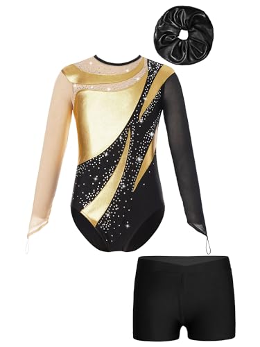 Alvivi Kinder Mädchen Gymnastikanzug Turnanzug Langarm Glitzer Gymnastikbody mit Kurze Hose Haarband Turntrikot Gymnastik Kleidung Tanzkostüm B Gold&Schwarz 122-128 von Alvivi