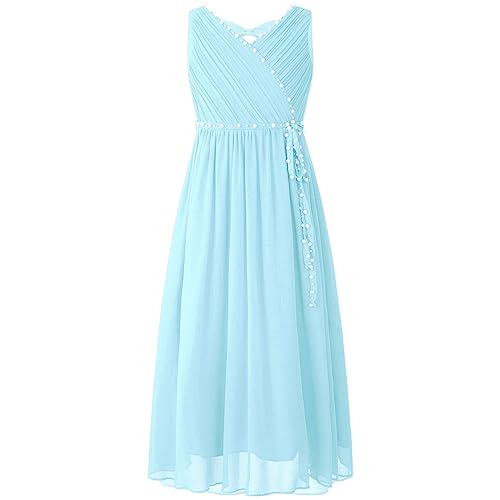 Alvivi Kinder Mädchen Kleider Chiffon Prinzessin Kleid mit Perlen Ärmellos Hochzeit Blumenmädchenkleid Langes Abendkleid Festlich Partykleid Hellblau 152 von Alvivi
