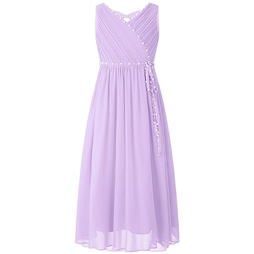 Alvivi Kinder Mädchen Kleider Chiffon Prinzessin Kleid mit Perlen Ärmellos Hochzeit Blumenmädchenkleid Langes Abendkleid Festlich Partykleid Lavendel 152 von Alvivi