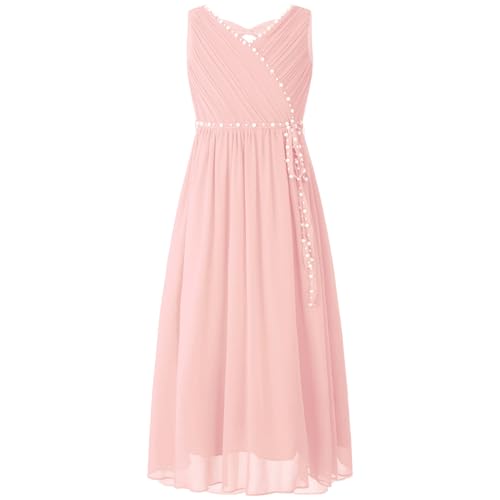 Alvivi Kinder Mädchen Kleider Chiffon Prinzessin Kleid mit Perlen Ärmellos Hochzeit Blumenmädchenkleid Langes Abendkleid Festlich Partykleid Rosa 164 von Alvivi
