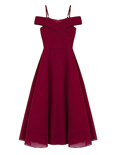 Alvivi Kinder Mädchen Kleider Chiffon Schulterfrei Kleid Hochzeit Blumenmädchenkleid Elegantes Abendkleid Festlich Partykleid Aa Weinrot 122-128 von Alvivi