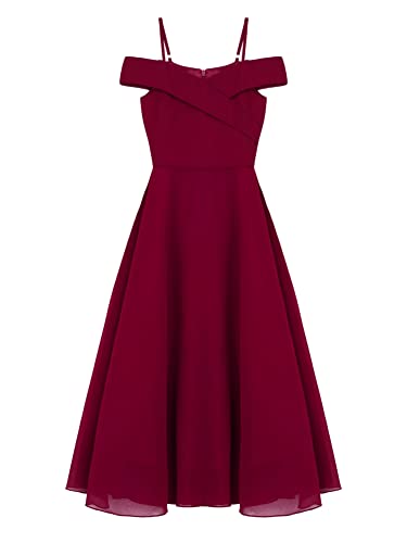 Alvivi Kinder Mädchen Kleider Chiffon Schulterfrei Kleid Hochzeit Blumenmädchenkleid Elegantes Abendkleid Festlich Partykleid Aa Weinrot 170-176 von Alvivi