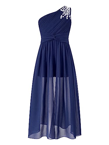 Alvivi Kinder Mädchen Kleider Festlich Kleid EIN-Schulter Hochzeit Blumenmädchenkleid Elegantes Abendkleid Ballkleid Geburtstag Partykleid Marine Blau 146-152 von Alvivi