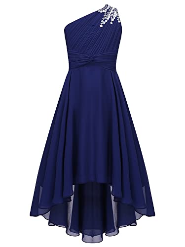 Alvivi Kinder Mädchen Kleider Festlich Kleid EIN-Schulter Hochzeit Blumenmädchenkleid Elegantes Abendkleid Chiffon Sommerkleid Geburtstag Partykleid Marine Blau 158-164 von Alvivi