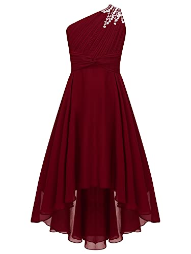 Alvivi Kinder Mädchen Kleider Festlich Kleid EIN-Schulter Hochzeit Blumenmädchenkleid Elegantes Abendkleid Chiffon Sommerkleid Geburtstag Partykleid Weinrot 134-140 von Alvivi