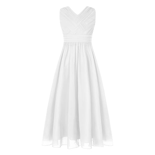 Alvivi Kinder Mädchen Kleider Hochzeit Blumenmädchenkleid V-Ausschnitt Chiffon Sommer Kleid Langes Abendkleid Festlich Partykleid Elfenbein 158-164 von Alvivi