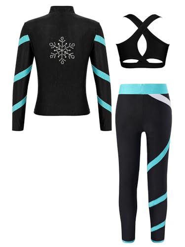 Alvivi Kinder Mädchen Sport Set Eiskunstlauf Anzug Glitzer Strass Langarm Sweatjacke Sweatshirt + Hose Sport Leggings Eislaufen Tanz Yoga Trainingsanzug A Blau Grün A 122-128 von Alvivi