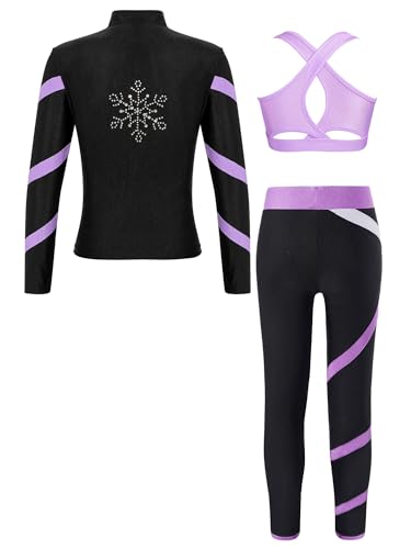 Alvivi Kinder Mädchen Sport Set Eiskunstlauf Anzug Glitzer Strass Langarm Sweatjacke Sweatshirt + Hose Sport Leggings Eislaufen Tanz Yoga Trainingsanzug A Lavendel A 134-140 von Alvivi