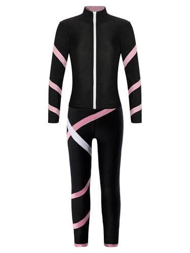 Alvivi Kinder Mädchen Sport Set Eiskunstlauf Anzug Glitzer Strass Langarm Sweatjacke Sweatshirt + Hose Sport Leggings Eislaufen Tanz Yoga Trainingsanzug Aa Rosa 158-164 von Alvivi