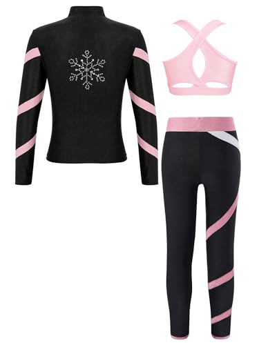 Alvivi Kinder Mädchen Sport Set Eiskunstlauf Anzug Glitzer Strass Langarm Sweatjacke Sweatshirt + Hose Sport Leggings Eislaufen Tanz Yoga Trainingsanzug A Rosa A 134-140 von Alvivi