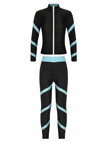 Alvivi Kinder Mädchen Sport Set Eiskunstlauf Anzug Glitzer Strass Langarm Sweatjacke Sweatshirt + Hose Sport Leggings Eislaufen Tanz Yoga Trainingsanzug D Hellblau 146-152 von Alvivi