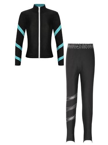 Alvivi Kinder Mädchen Sport Set Eiskunstlauf Anzug Glitzer Strass Langarm Sweatjacke Sweatshirt + Hose Sport Leggings Eislaufen Tanz Yoga Trainingsanzug G Blau Grün 158-164 von Alvivi