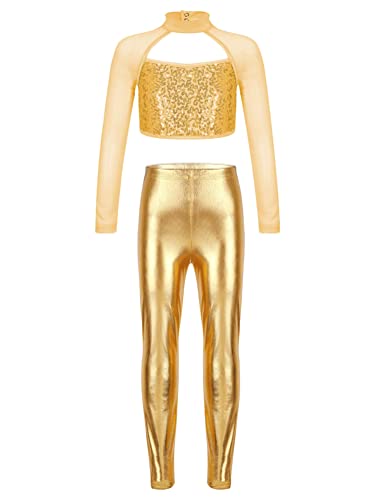 Alvivi Kinder Mädchen Tanzkleidung Pailletten Langarm Sport Crop Tops + Metallic Leggings Hose Sport Set Jazz Tanzkostüm Gold 146-152 von Alvivi