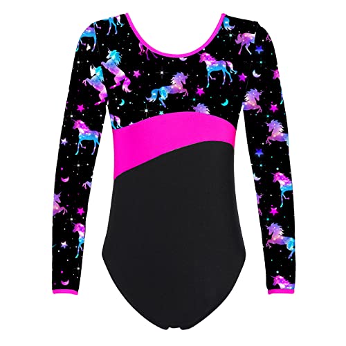 Alvivi Kinder Mädchen Turnanzug Gymnastikanzug Ballettanzug Langarm Ballett Trikot Leotard Fitness Sport Training Wettkampf Tanzbody C Einhon Schwarz Ba 122-128 von Alvivi