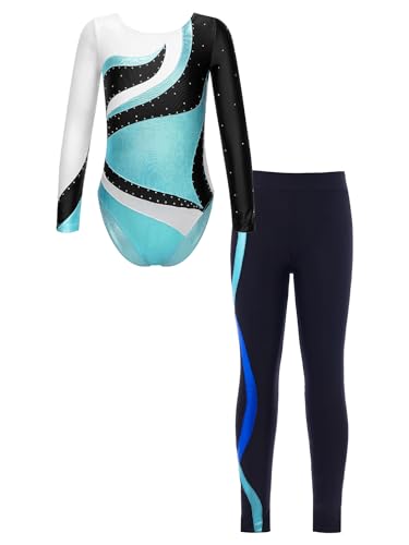 Alvivi Kinder Mädchen Turnanzug Gymnastikanzug Ballettanzug Langarm Tanzbody mit Leggings Hose Sport Trainingsanzug Wettkampf F Blau 134-140 von Alvivi