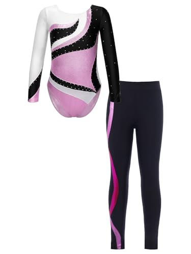 Alvivi Kinder Mädchen Turnanzug Gymnastikanzug Ballettanzug Langarm Tanzbody mit Leggings Hose Sport Trainingsanzug Wettkampf F Rosa 158-164 von Alvivi