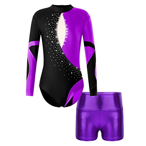 Alvivi Mädchen Turnanzug Gymnastikanzug Glitzer Strass Langarm Ballettanzug mit Shorts Sport Tanzbody Ballett Trikot Leotard Wettkampf Ee Lila mit Shorts A 134-140 von Alvivi