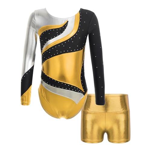 Alvivi Mädchen Turnanzug Gymnastikanzug Glitzer Strass Langarm Ballettanzug mit Shorts Sport Tanzbody Ballett Trikot Leotard Wettkampf Ab Gold mit Shorts 134-140 von Alvivi