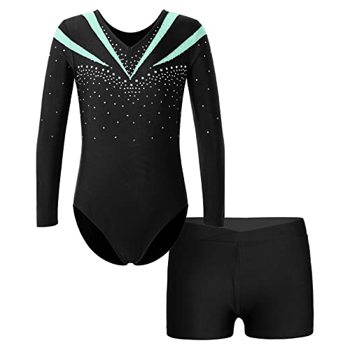 Alvivi Kinder Mädchen Turnanzug Gymnastikanzug Langarm Tanzbody mit Shorts Glitzer Ballettanzug Ballett Trikot Leotard Fitness Sport Training Wettkampf C Hell Grün mit Shorts 122-128 von Alvivi