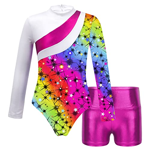 Alvivi Kinder Mädchen Turnanzug Gymnastikanzug Einhörner Langarm Ballettanzug mit Shorts Tanzbody Fitness Sport Training Wettkampf Aa Sternenregenbogen 122-128 von Alvivi