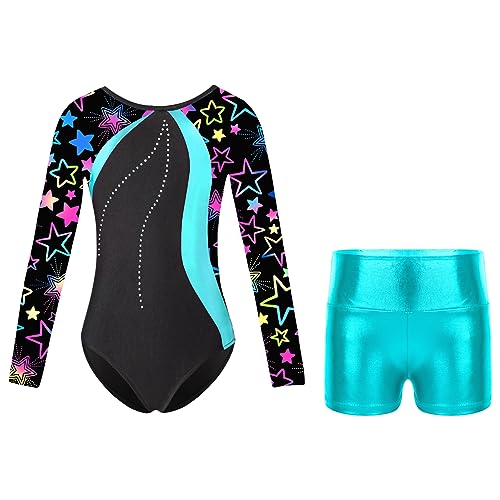 Alvivi Kinder Mädchen Turnanzug Gymnastikanzug Einhörner Langarm Ballettanzug mit Shorts Tanzbody Fitness Sport Training Wettkampf G Blau Grün 122-128 von Alvivi