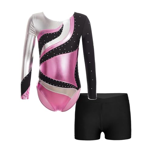 Alvivi Mädchen Turnanzug Gymnastikanzug Glitzer Strass Langarm Ballettanzug mit Shorts Sport Tanzbody Ballett Trikot Leotard Wettkampf Aa Rosa mit Shorts B 122-128 von Alvivi