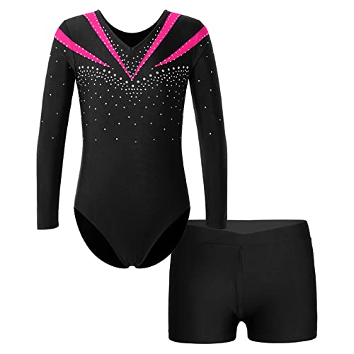 Alvivi Kinder Mädchen Turnanzug Gymnastikanzug Langarm Tanzbody mit Shorts Glitzer Ballettanzug Ballett Trikot Leotard Fitness Sport Training Wettkampf C Dunkel Rosa mit Shorts 110-116 von Alvivi