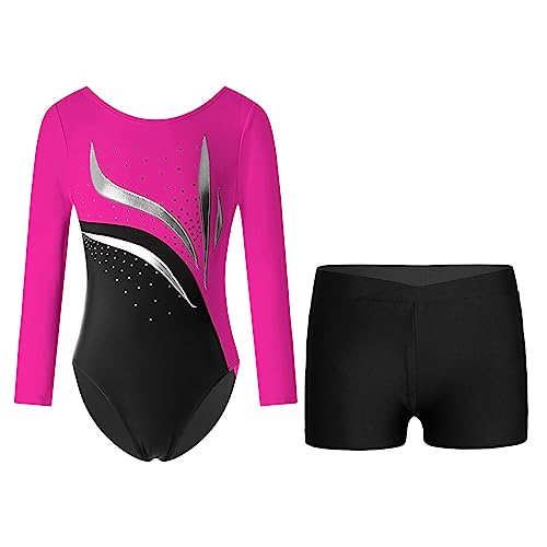 Alvivi Kinder Mädchen Turnanzug Gymnastikanzug Langarm Tanzbody mit Shorts Glitzer Ballettanzug Ballett Trikot Leotard Fitness Sport Training Wettkampf G Dunkel Rosa&Schwarz 122-128 von Alvivi