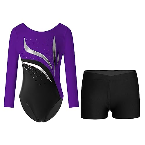 Alvivi Kinder Mädchen Turnanzug Gymnastikanzug Langarm Tanzbody mit Shorts Glitzer Ballettanzug Ballett Trikot Leotard Fitness Sport Training Wettkampf G Lila&Schwarz 122-128 von Alvivi