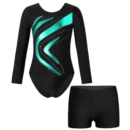 Alvivi Kinder Mädchen Turnanzug Gymnastikanzug Langarm Tanzbody mit Shorts Glitzer Ballettanzug Ballett Trikot Leotard Fitness Sport Training Wettkampf H Blau Grün 122-128 von Alvivi