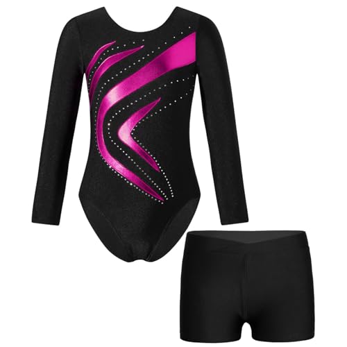 Alvivi Kinder Mädchen Turnanzug Gymnastikanzug Langarm Tanzbody mit Shorts Glitzer Ballettanzug Ballett Trikot Leotard Fitness Sport Training Wettkampf H Dunkel Rosa 158-164 von Alvivi