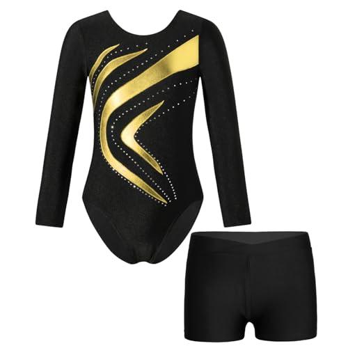 Alvivi Kinder Mädchen Turnanzug Gymnastikanzug Langarm Tanzbody mit Shorts Glitzer Ballettanzug Ballett Trikot Leotard Fitness Sport Training Wettkampf H Gold 134-140 von Alvivi