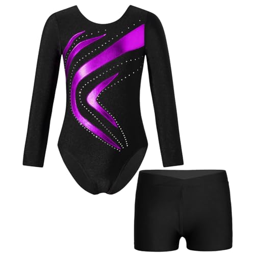 Alvivi Kinder Mädchen Turnanzug Gymnastikanzug Langarm Tanzbody mit Shorts Glitzer Ballettanzug Ballett Trikot Leotard Fitness Sport Training Wettkampf H Lila 134-140 von Alvivi