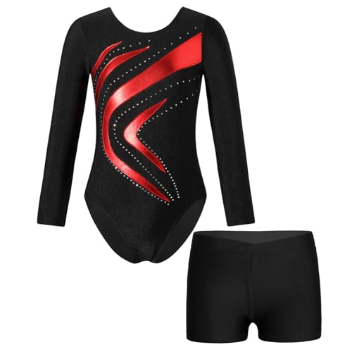 Alvivi Kinder Mädchen Turnanzug Gymnastikanzug Langarm Tanzbody mit Shorts Glitzer Ballettanzug Ballett Trikot Leotard Fitness Sport Training Wettkampf H Rot 146-152 von Alvivi